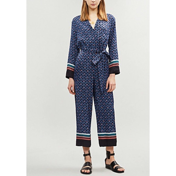 Maje Boho print silky Wide Leg Jumpsuit Blue Black L - Picture 1 of 10